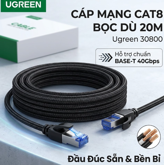 Cáp Mạng Cat8 Đúc Sẵn Bọc Dù Dài 20M UGREEN 30800 - 40Gbps, 2000MHz, RJ45